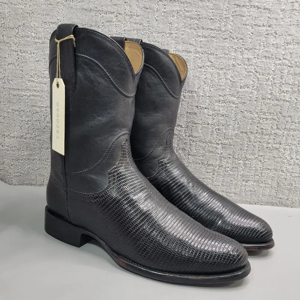 Tecovas The Earl Mens Size US 12.5D Obsidian Lizard Leather Pull-On Roper Boots